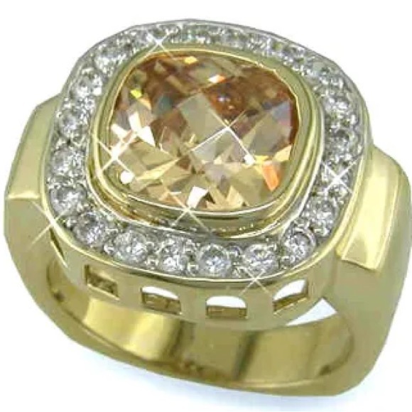 Fashion Jewelry Jewelry - Fancy Cushion Cut Champagne Solitaire Pave Set Cz Cocktail statement Ring Gold